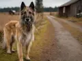 Un magnifique berger belge, au pelage fauve et gris, se tient fièrement sur un chemin de terre. Derrière lui, une grange rustique et des champs dorés évoquent la campagne.