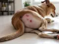 Une chienne se repose, montrant des rougeurs sur son flanc. La chaleur semble l'incommoder.