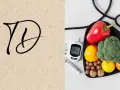 Légumes et fruits sains pour un chien diabétique : brocoli, poivron, pomme, mandarine. Glucomètre et stéthoscope à proximité.