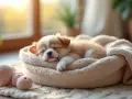 Un adorable chiot de 2 mois profite d'un profond temps sommeil, blotti dans son panier douillet, bercé par la lumière du soleil.