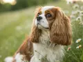 Un adorable chien longue oreille, au pelage brun et blanc, est assis dans un champ de marguerites, le regard plein de douceur.