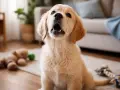 Un adorable chiot golden retriever, avec sa gueule ouverte, semble faire un petit bruit de chiot. Des jouets sont éparpillés autour de lui.