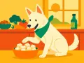 Un chien blanc avec un foulard vert prend un cube de yaourt de soja dans un bol. Des légumes sont sur le comptoir.