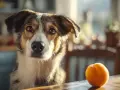 Un chien regarde un abricot sur une table en bois, attendant peut-être une friandise.