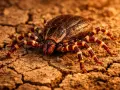 Gros plan sur une tique géante aux pattes rayées, rampant sur un sol craquelé et sec.