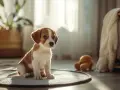 Un chiot adorable assis sur un tapis, se demandant à quel âge un chien est propre.