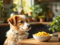 Un adorable chiot aux poils roux et blancs regarde avec envie un bol de maïs. Ce cher mais chien attend patiemment sa friandise.