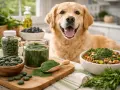 Un golden retriever heureux regarde des bols de nourriture pour chien, des comprimés et de la poudre de spiruline, suggérant une alimentation saine pour votre chien.