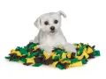 Un petit chien blanc est allongé sur un tapis de recherche pour chien aux couleurs vives, vert, jaune et gris.