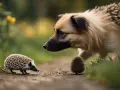 Un chien curieux observe un hérisson sur un chemin. Le hérisson, petit et épineux, semble intrigué par le grand canidé.