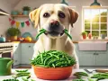 Un chien labrador tient des haricots verts dans sa gueule, devant un bol rempli de haricots verts.