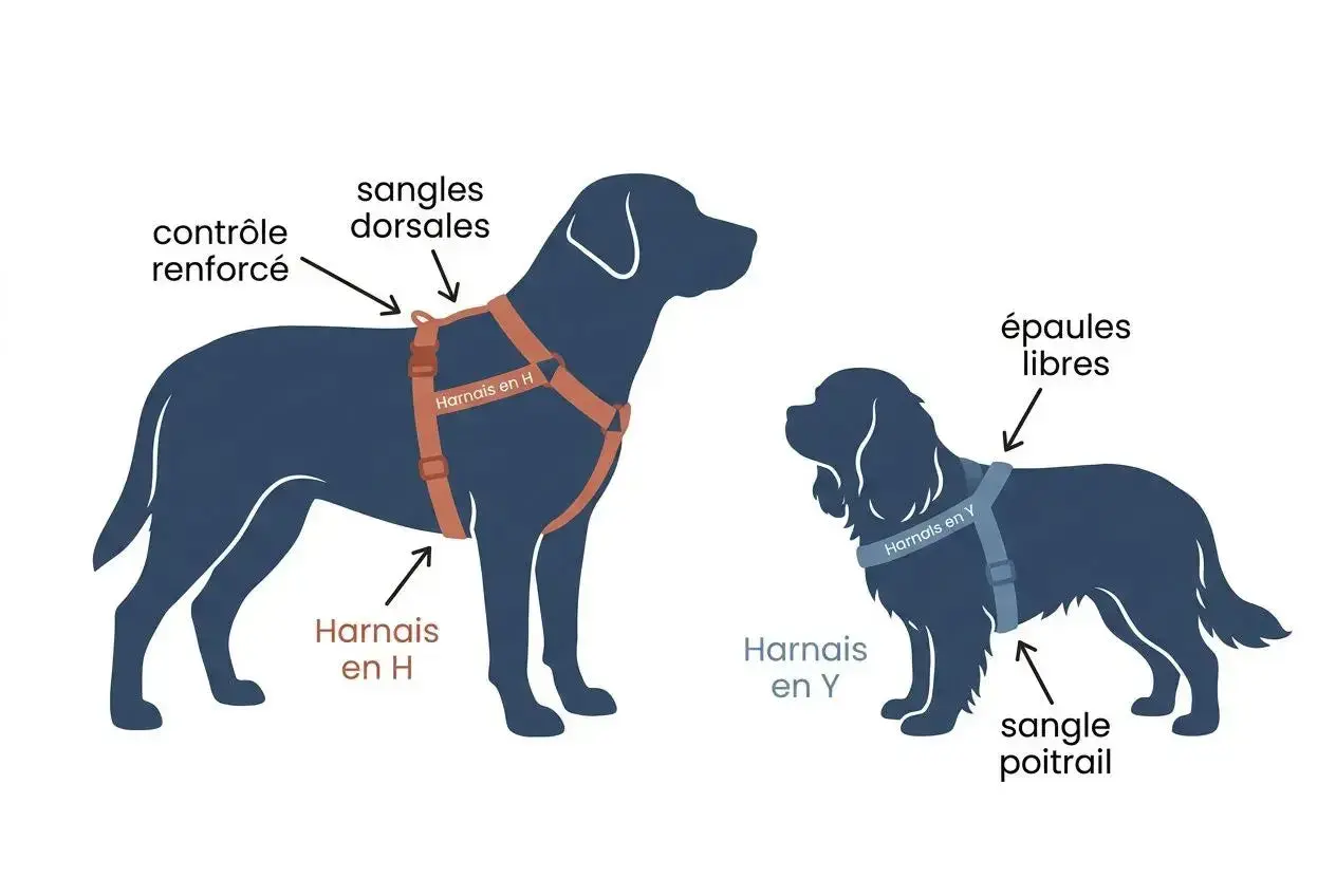 Illustration comparant quel harnais pour chien convient le mieux : un harnais en H pour un contrôle renforcé et un harnais en Y pour des épaules libres.