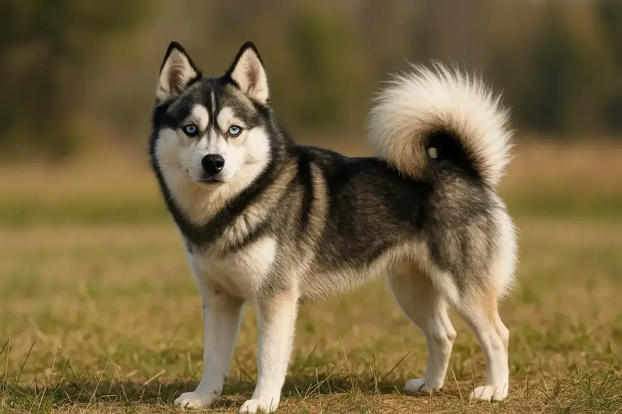 Un Pomsky aux yeux bleus perçants, le poil épais et la queue en panache, incarne le caractère joueur et curieux de sa race.