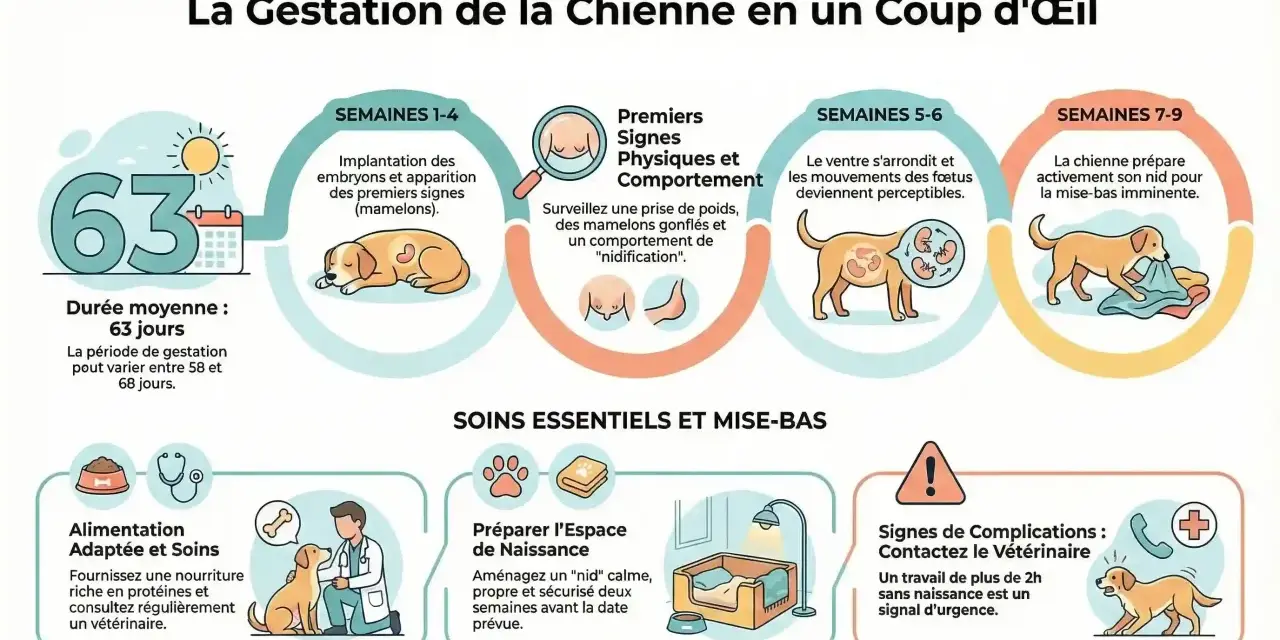 La gestation chien dure 63 jours en moyenne. L'image détaille les étapes, les signes physiques et les soins essentiels pour la chienne gestante.