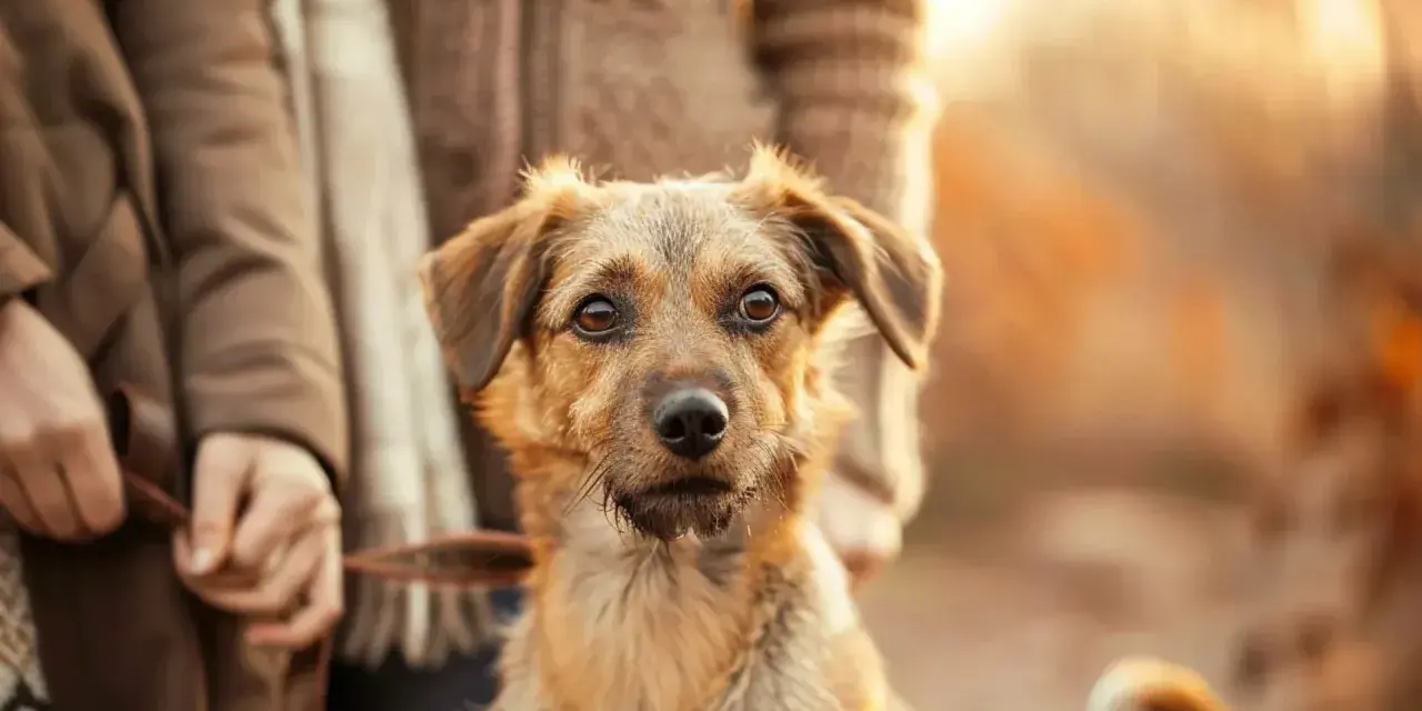 Un chien au regard triste, tenant une laisse, semble partager un moment de deuil avec son maître.