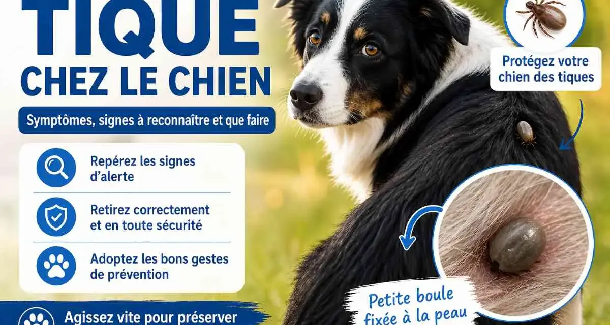 Un chien avec une mini tique fixée à sa peau. L'image explique comment reconnaître et retirer les tiques pour protéger votre animal.