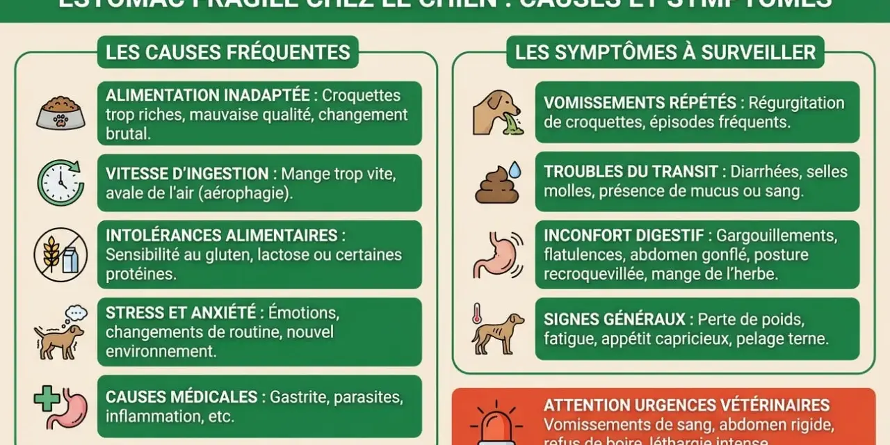 Infographie sur l'estomac fragile du chien : causes (alimentation, stress, etc.) et symptômes (vomissements, troubles du transit). Attention aux urgences vétérinaires.