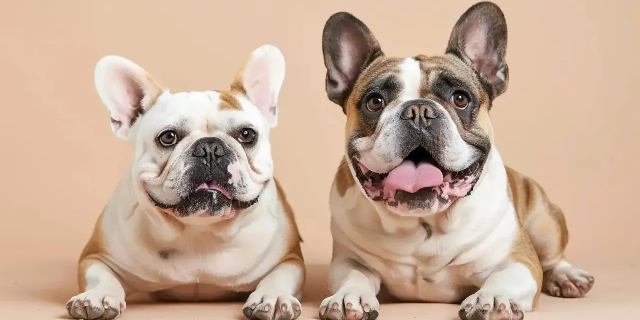 Deux adorables chiens brachycéphales, un blanc et fauve, l'autre tricolore, posent ensemble, leurs grandes oreilles dressées et leurs visages expressifs.