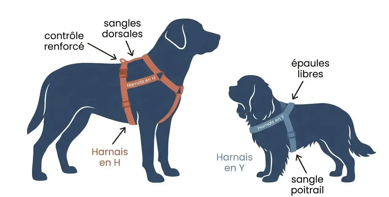 Illustration comparant quel harnais pour chien convient le mieux : un harnais en H pour un contrôle renforcé et un harnais en Y pour des épaules libres.