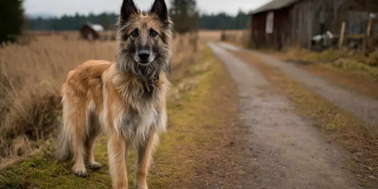 Un magnifique berger belge, au pelage fauve et gris, se tient fièrement sur un chemin de terre. Derrière lui, une grange rustique et des champs dorés évoquent la campagne.