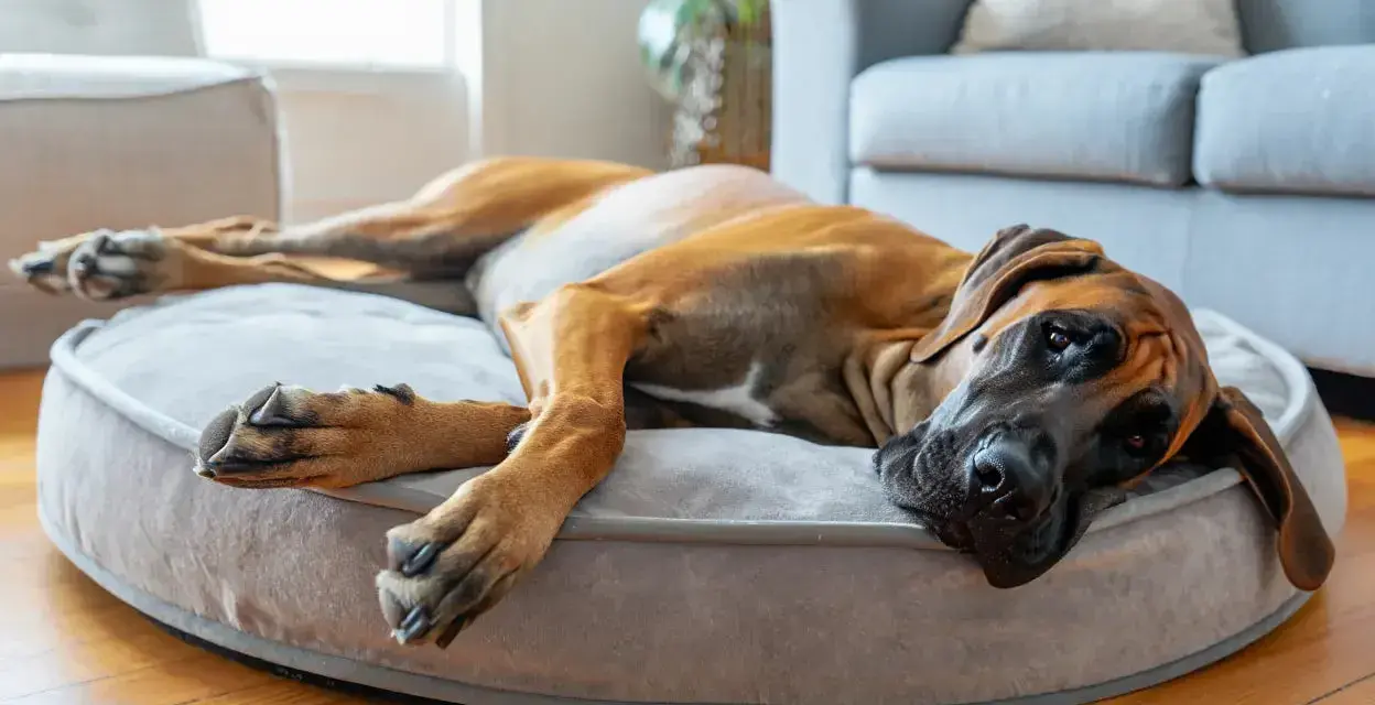 Un grand chien brun se repose sur un panier moelleux. La taille du panier est parfaite pour qu'il s'étire confortablement.