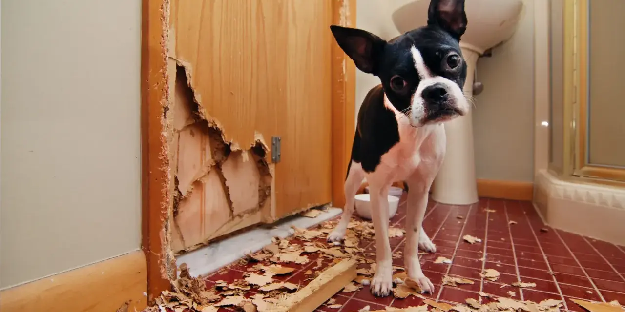 Un chien destructeur que faire ? Ce Boston Terrier a visiblement fait des siennes, laissant une porte éventrée et des débris partout.