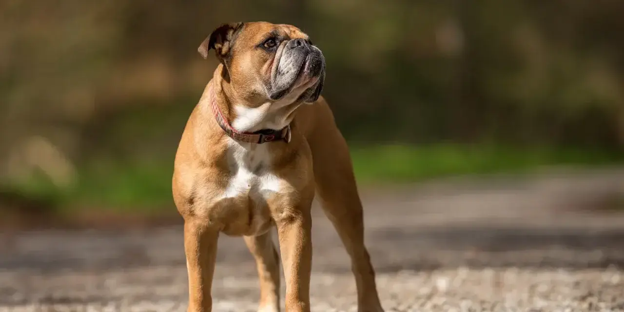 Un adorable bouledogue au pelage fauve, un de ces bulle dogs au regard fier, se tient sur un chemin caillouteux, profitant du soleil.