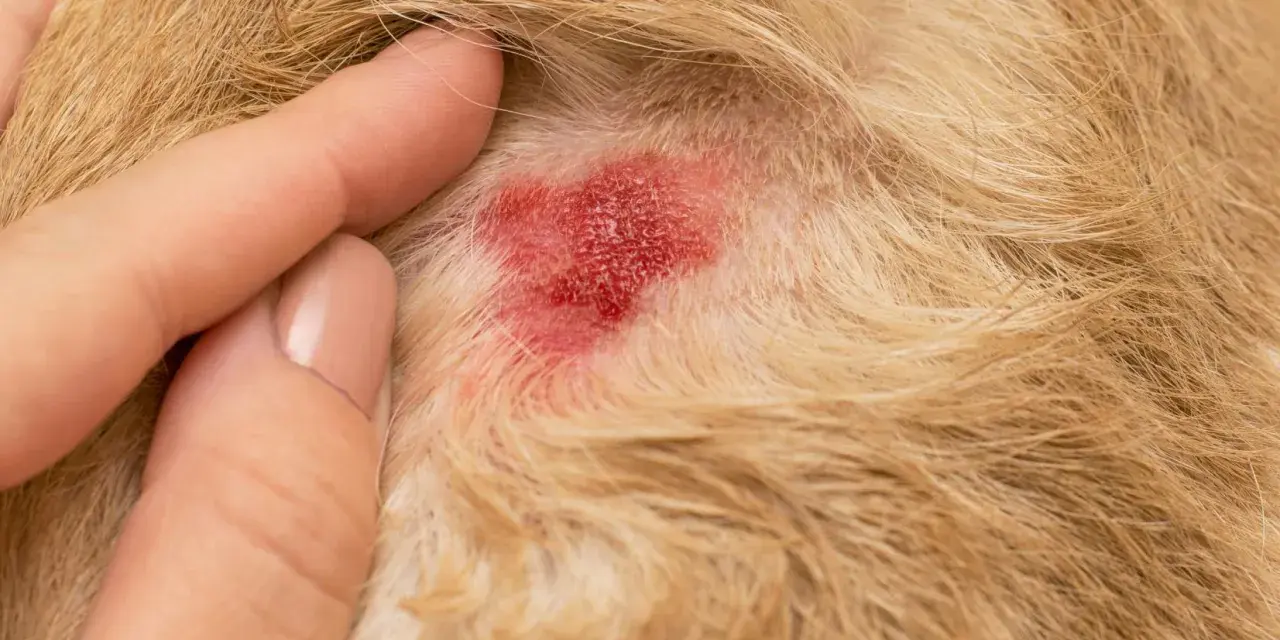 Un doigt humain touche une zone rouge et irritée sur la peau d'un chien, un **hot spot chien** typique.