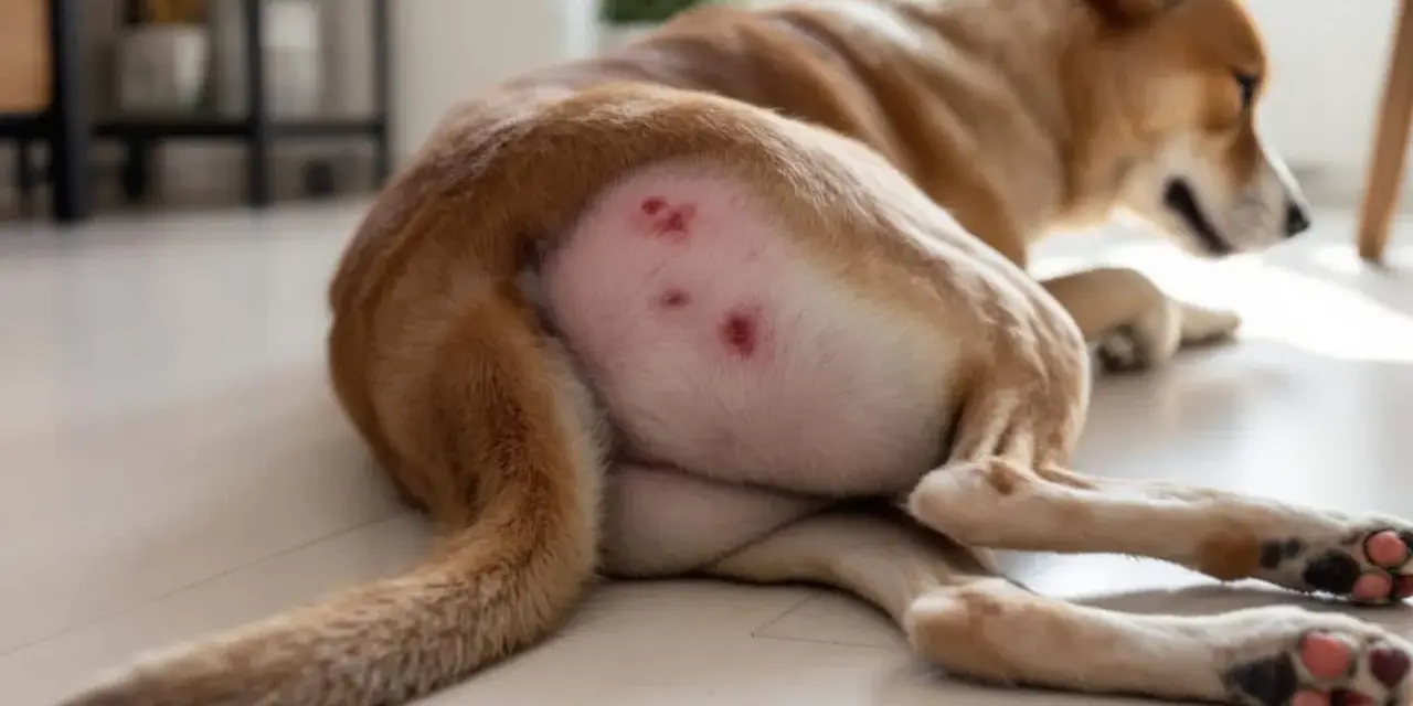 Une chienne se repose, montrant des rougeurs sur son flanc. La chaleur semble l'incommoder.