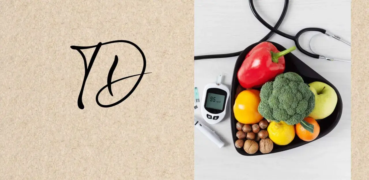 Légumes et fruits sains pour un chien diabétique : brocoli, poivron, pomme, mandarine. Glucomètre et stéthoscope à proximité.