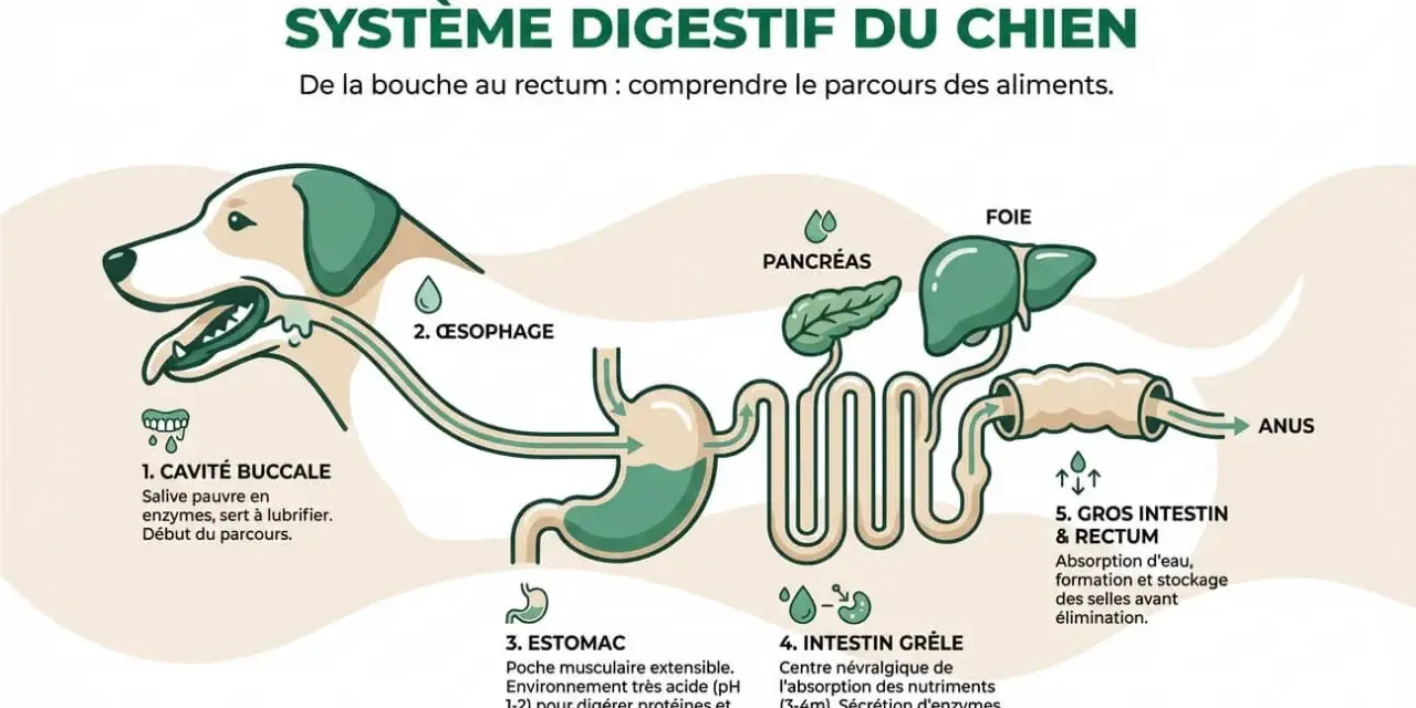 Schéma du système digestif du chien, de la cavité buccale à l'anus, expliquant le parcours des aliments. Comprend l'estomac, l'intestin grêle, le foie, le pancréas et le gros intestin.