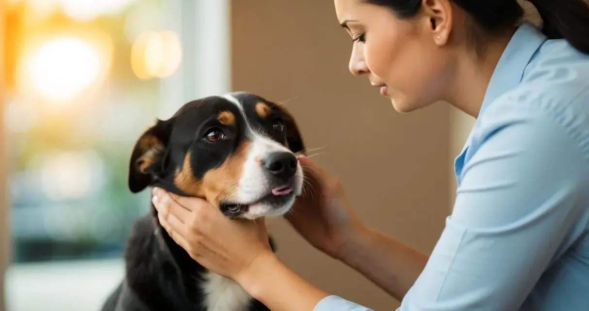Une femme caresse un chien qui couine doucement, le soleil brille en arrière-plan.