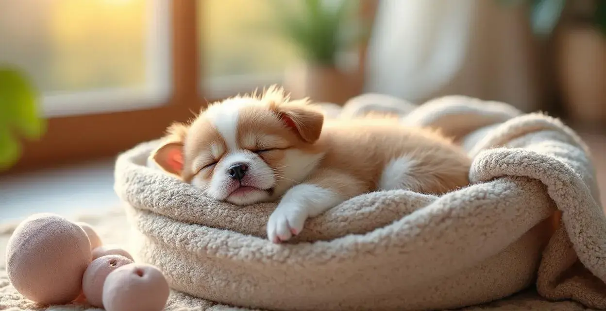 Un adorable chiot de 2 mois profite d'un profond temps sommeil, blotti dans son panier douillet, bercé par la lumière du soleil.