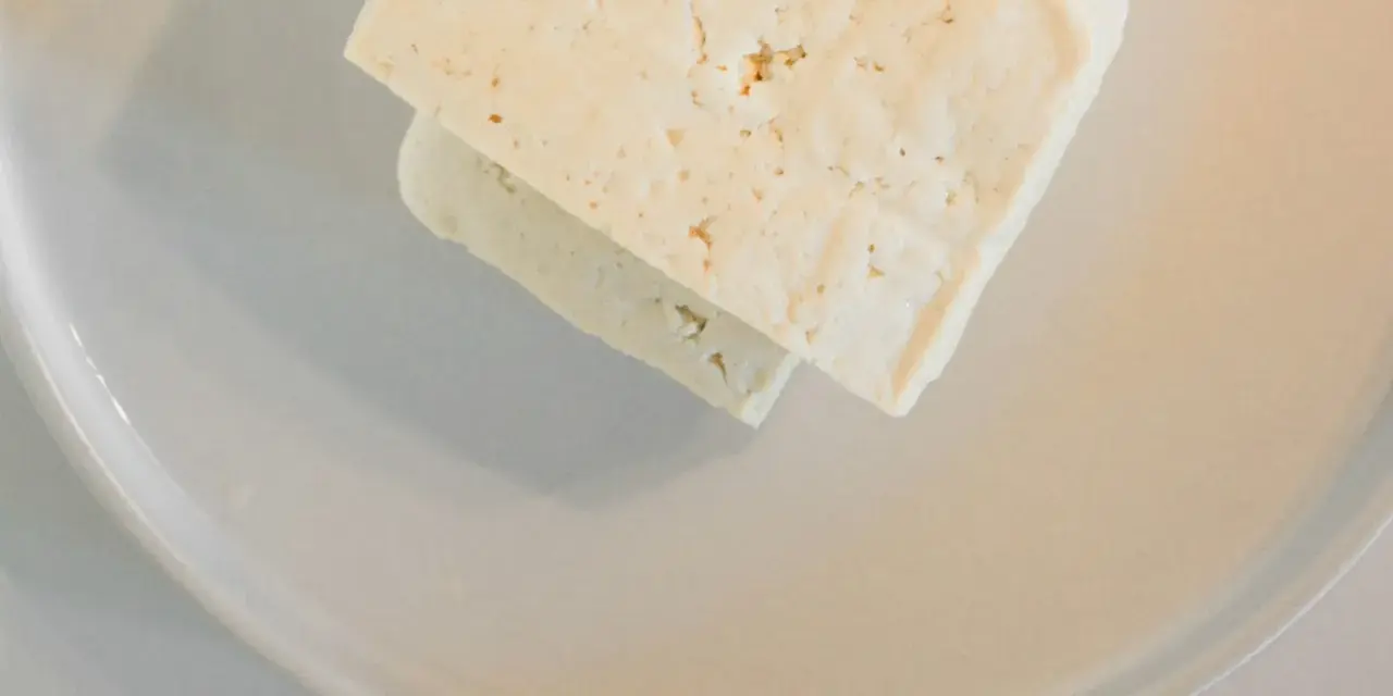 Deux blocs de feta sur une assiette grise. Un chien pourrait adorer ce fromage, mais il est destiné à une salade.