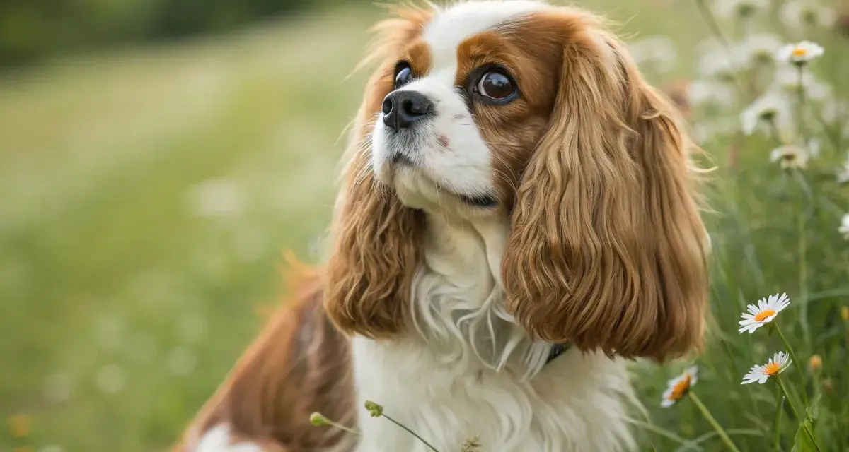 Un adorable chien longue oreille, au pelage brun et blanc, est assis dans un champ de marguerites, le regard plein de douceur.
