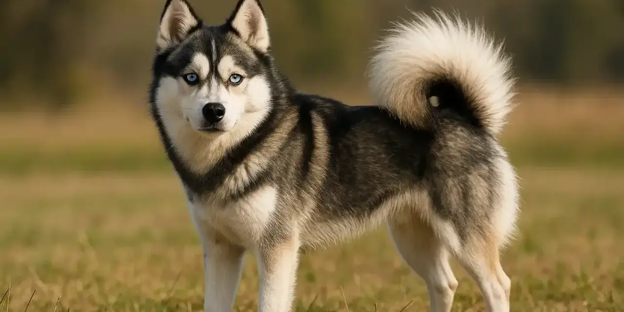 Un Pomsky aux yeux bleus perçants, le poil épais et la queue en panache, incarne le caractère joueur et curieux de sa race.