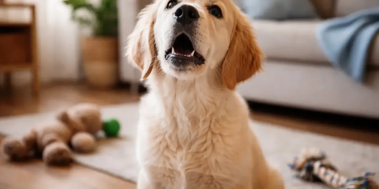 Un adorable chiot golden retriever, avec sa gueule ouverte, semble faire un petit bruit de chiot. Des jouets sont éparpillés autour de lui.