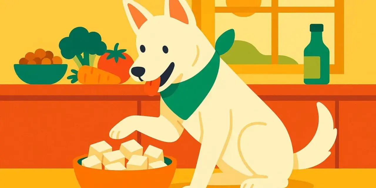 Un chien blanc avec un foulard vert prend un cube de yaourt de soja dans un bol. Des légumes sont sur le comptoir.