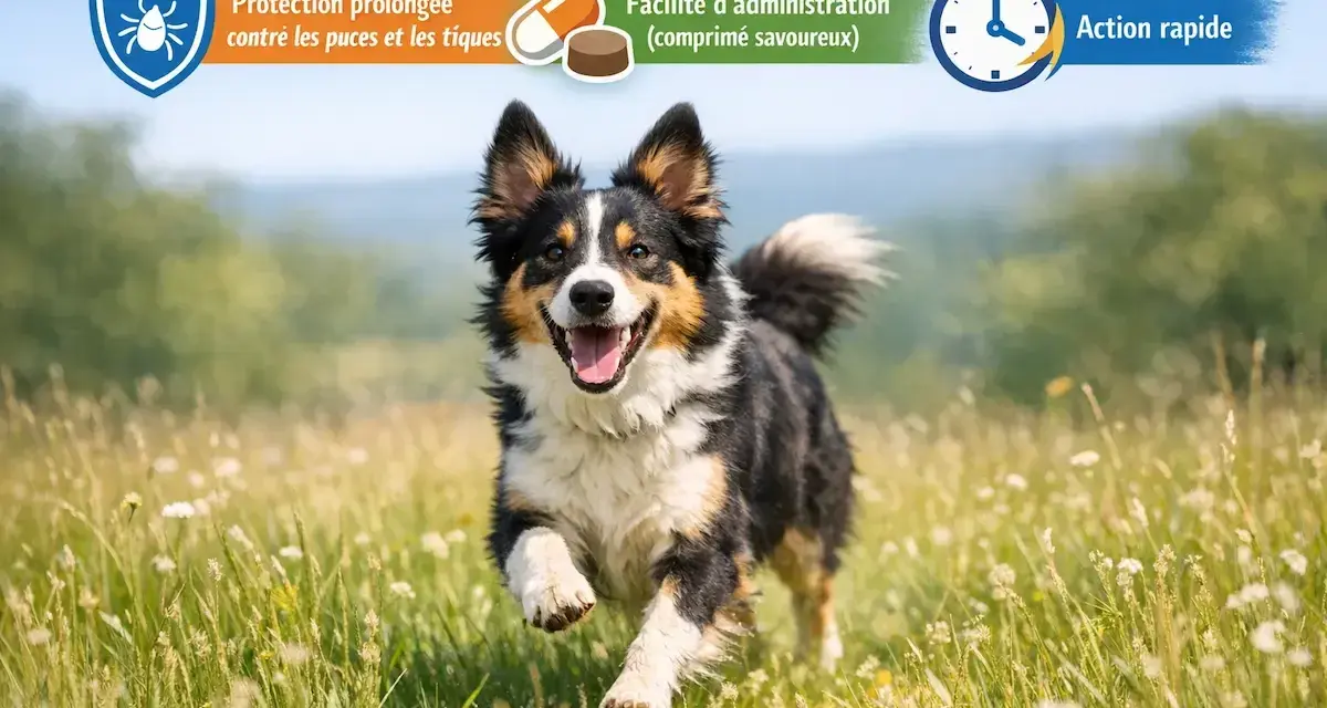 Un berger australien joyeux court dans un champ fleuri, protégé par Bravecto.