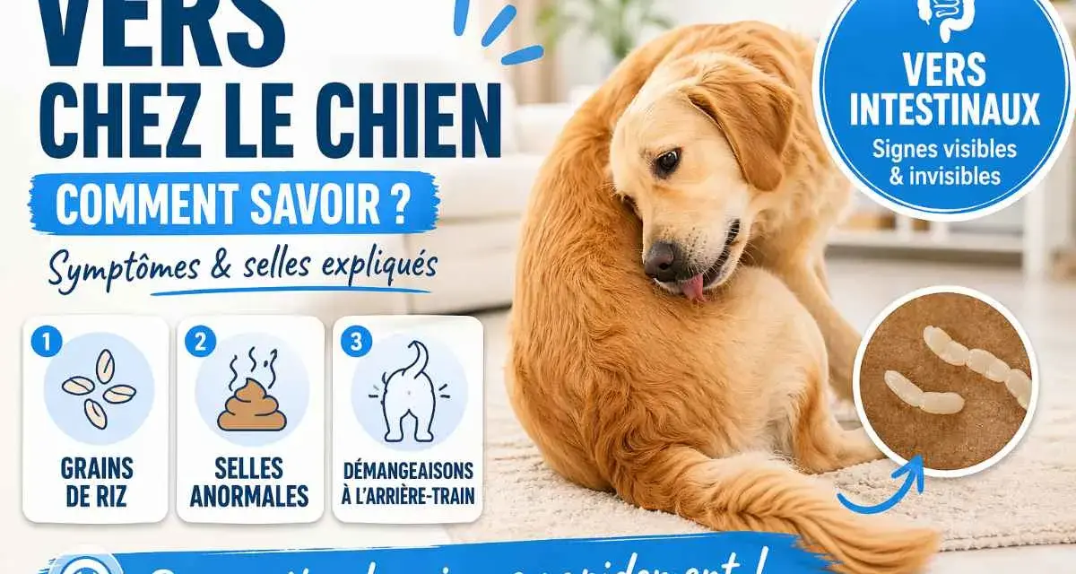 Un chien golden retriever se lèche le flanc, l'image explique les signes de vers chez le chien : grains de riz, selles anormales, démangeaisons.