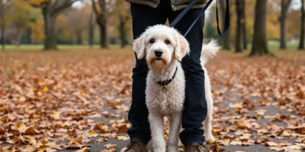 Un chien blanc et doux profite d'une promenade dans un parc automnal, entouré de feuilles tombées.
