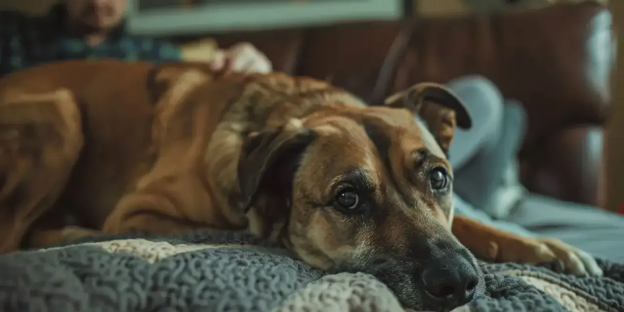 Un chien brun repose sur une couverture, l'air triste. Son maître est derrière lui. Mon chien à perdu son compagnon que faire ?