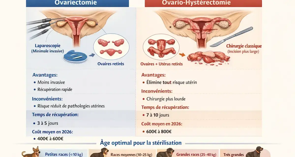 Comparaison des méthodes de stérilisation canine : ovariectomie et ovario-hystérectomie. Illustration des procédures, avantages, inconvénients et âge idéal pour la reproduction.