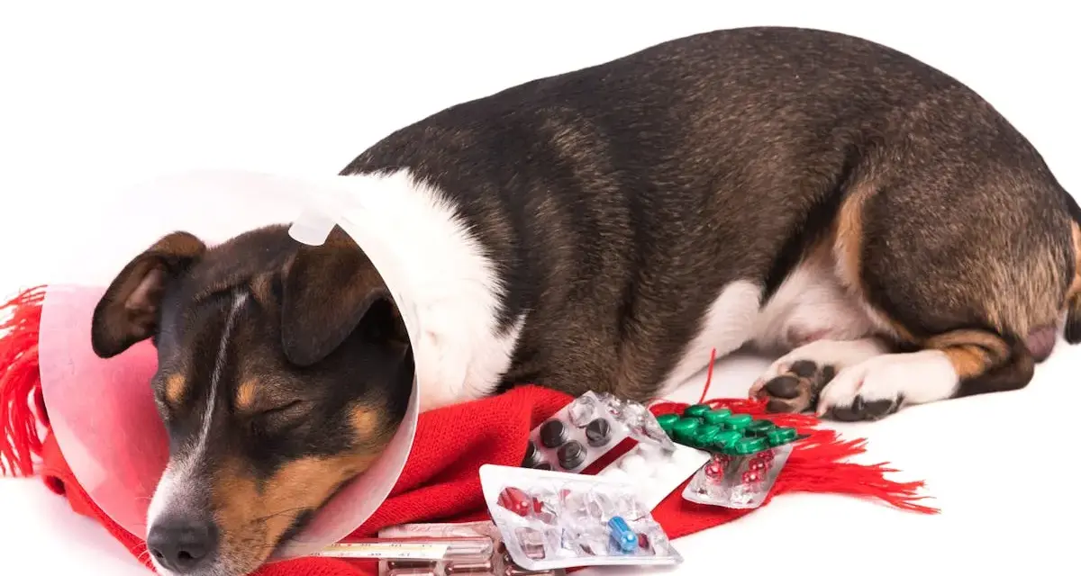Chien malade, portant une collerette, entouré de médicaments et d'un thermomètre. Il pourrait souffrir d'une obstruction intestinale chien.