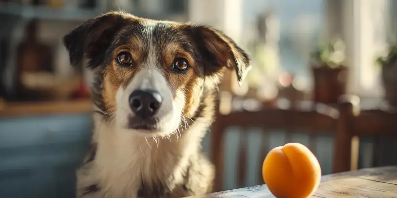 Un chien regarde un abricot sur une table en bois, attendant peut-être une friandise.
