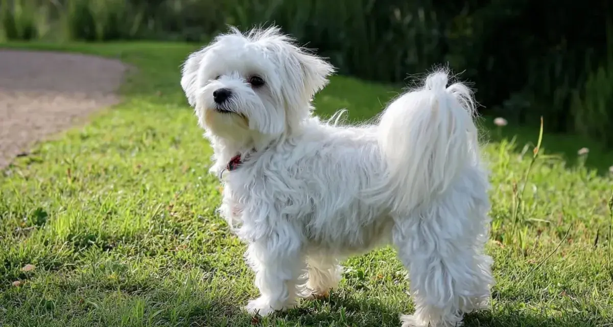 Un adorable bichon maltais blanc, au poil long et soyeux, se tient fièrement dans l'herbe verte.
