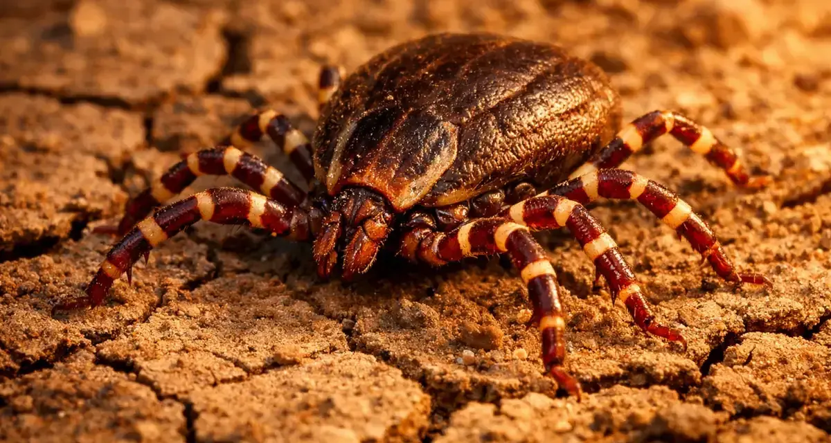 Gros plan sur une tique géante aux pattes rayées, rampant sur un sol craquelé et sec.