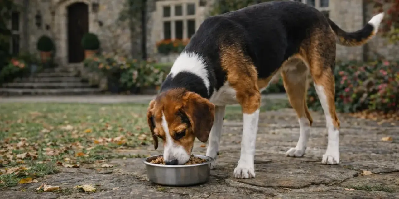 Chien tricolore savoure sa gamelle, peut-être enrichie de graisse de canard pour chien, devant un manoir.