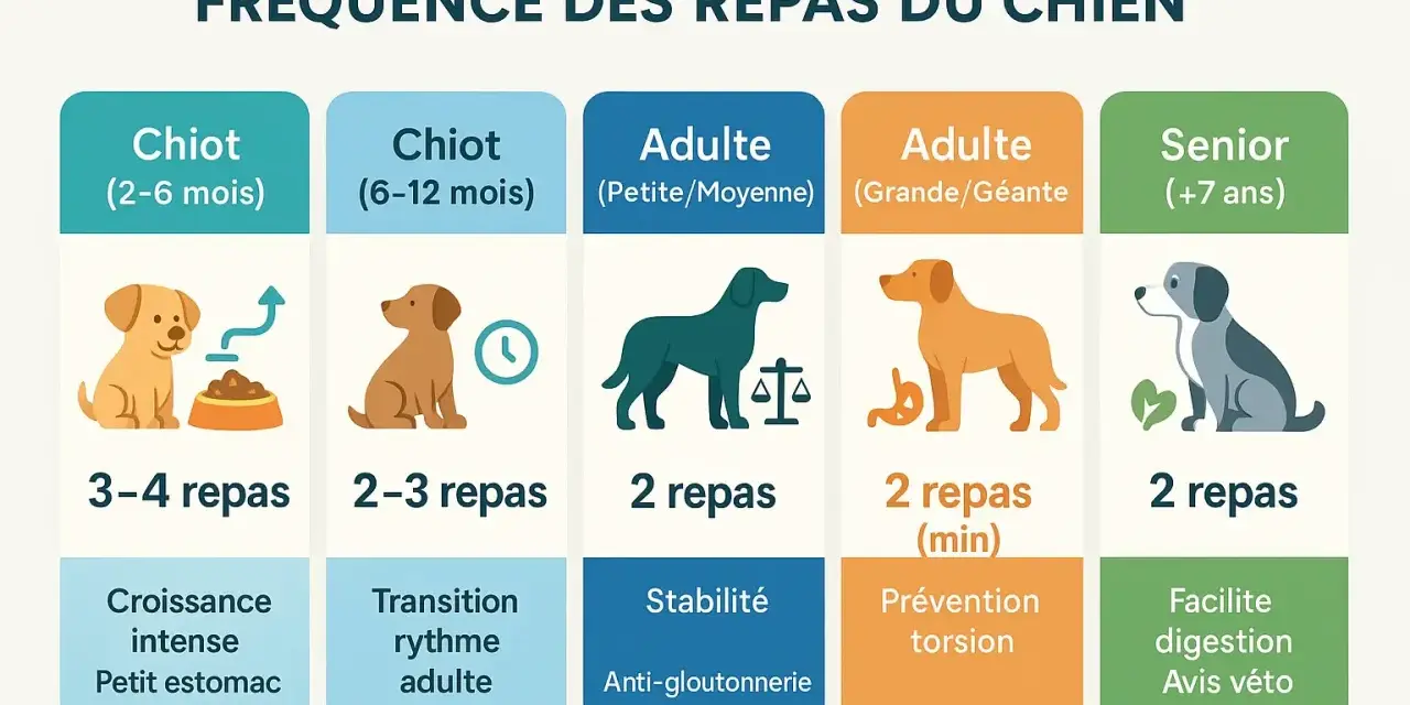 Le tableau indique combien de fois sortir un chien selon son âge et sa taille : 3-4 repas pour les chiots, 2-3 pour les plus grands, et 2 pour les adultes et seniors.