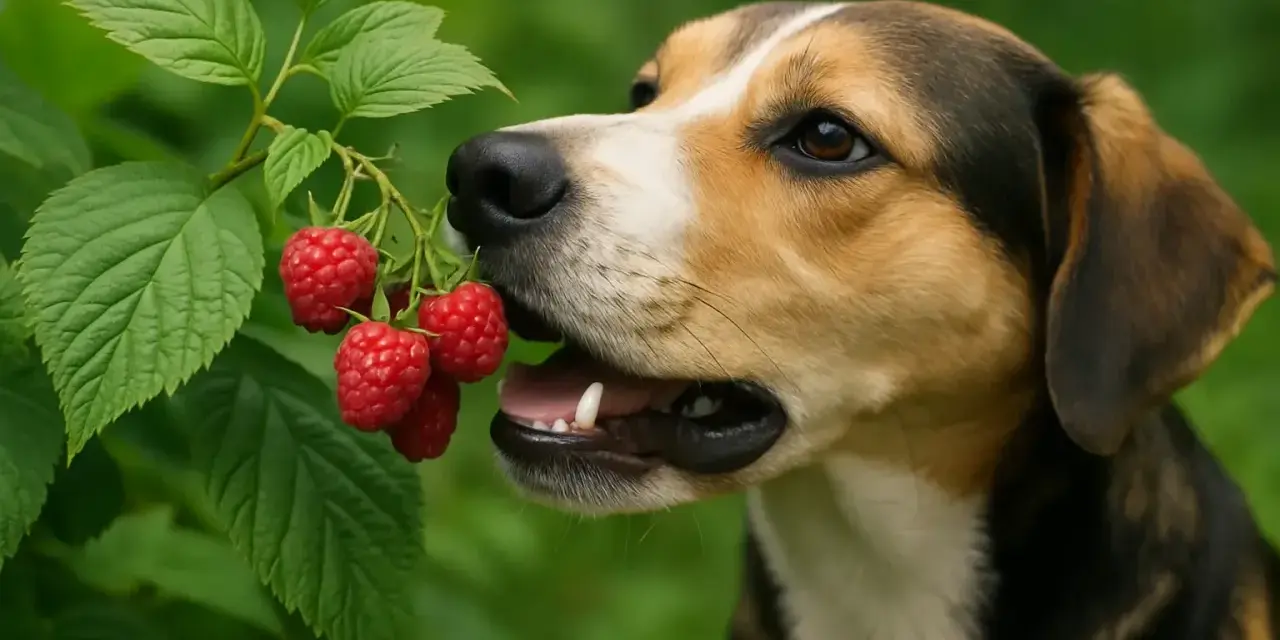Un chien curieux goûte une framboise fraîchement cueillie sur une branche verte.